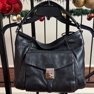 Black Leather Shoulder Bag with Front Lock Closure